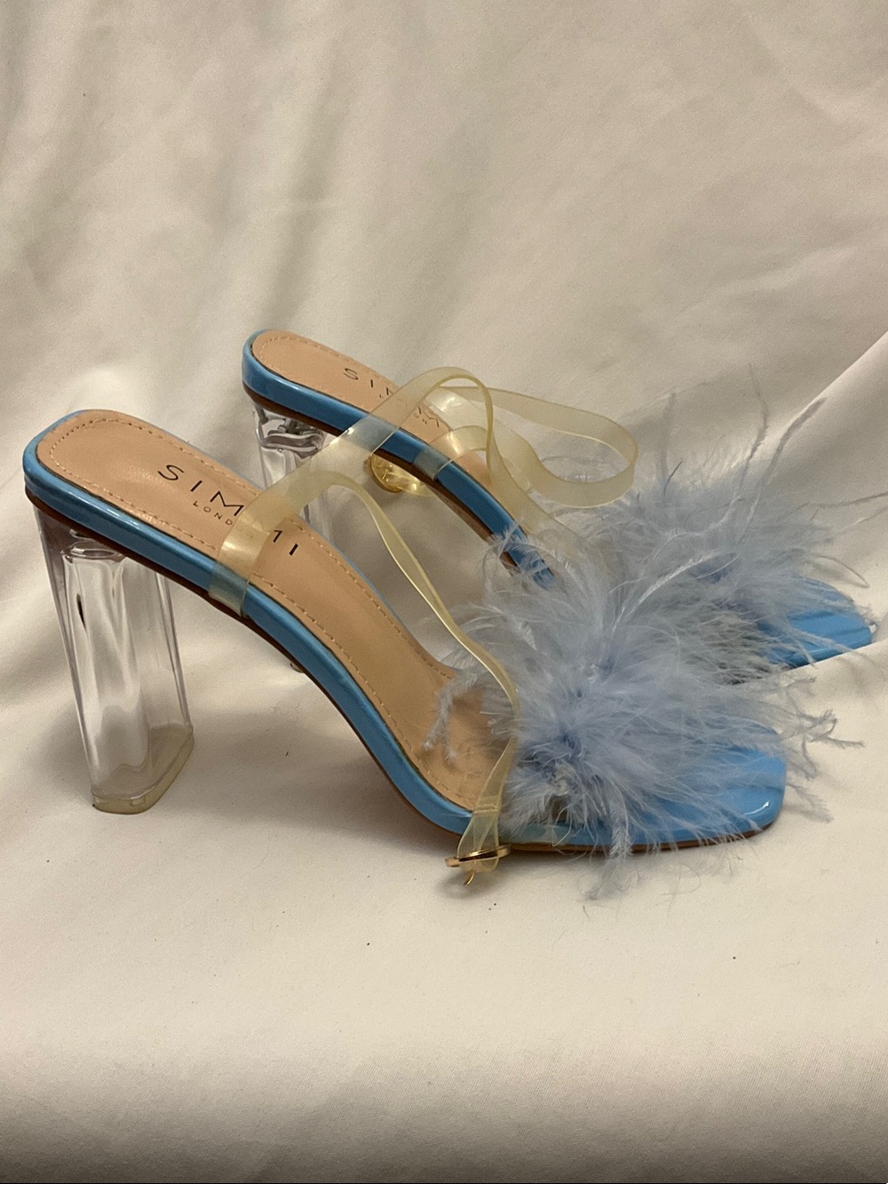 SIMMI London Blue Feather Trim Clear ankle strap Heel Slide Sandals